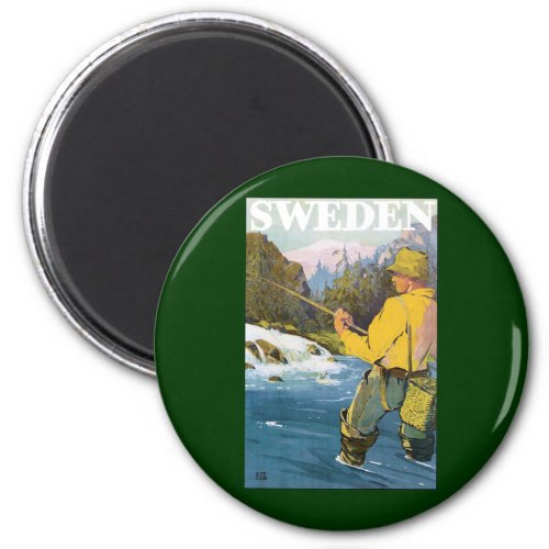 Vintage Travel to Sweden Fisherman Sports Fishing Magnet