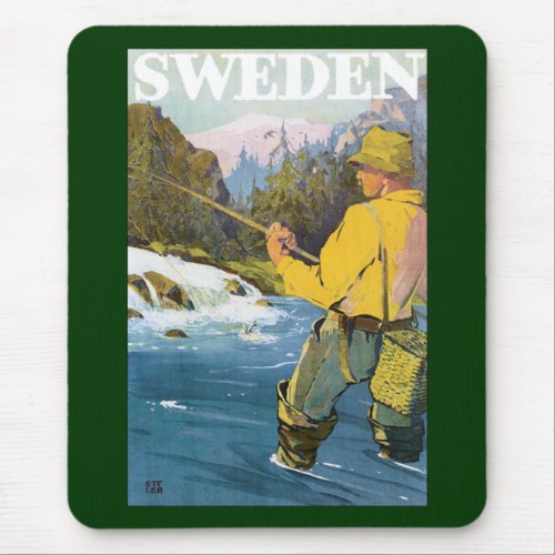 Vintage Travel to Sweden Fisherman Sports Fishing Mouse Pad