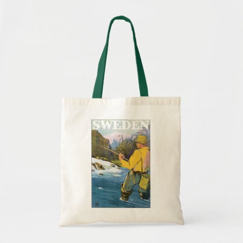 Vintage Travel to Sweden Fisherman Sports Fishing Tote Bag