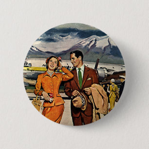 Vintage Travel, Tourists at Panagra Airport Tarmac Pinback Button