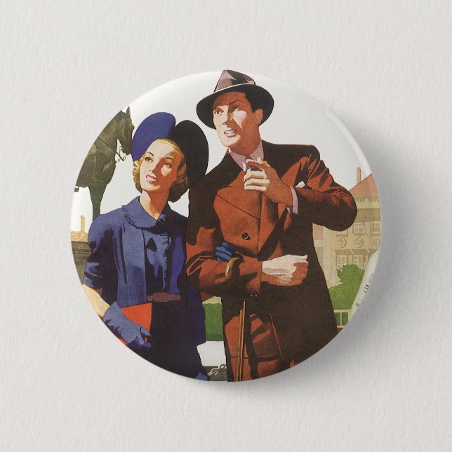 Vintage Travel, Tourists on Vacation Sightseeing Button (Front)