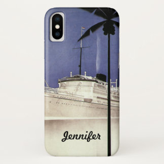 Vintage Travel Tropical Cruise Ship and Palm Trees iPhone X Case