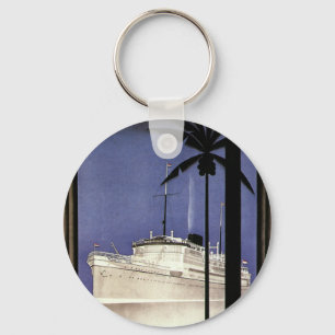 Vintage Travel Tropical Cruise Ship and Palm Trees Keychain