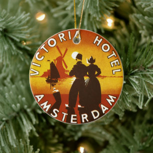 Vintage Travel, Victoria Hotel, Amsterdam, Holland Ceramic Ornament