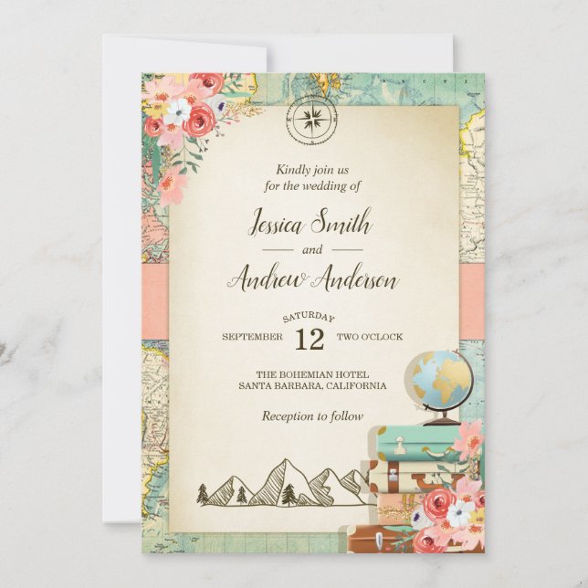 Vintage Travel Wedding Invitation Rustic map Boho (Front)