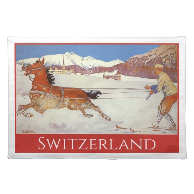 Vintage Travel, Winter in Engadin Switzerland Cloth Placemat (Front)