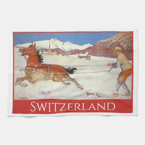 Vintage Travel Winter in Engadin Switzerland Kitchen Towel