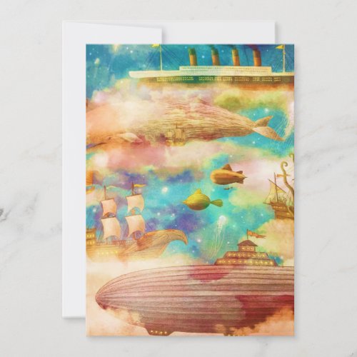 Vintage Travel World Sky Blue Ocean Whale Holiday Card