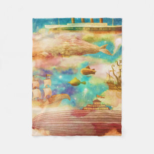 Vintage Travel World Sky Blue Ocean Whales Fleece Blanket