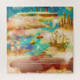 Vintage Travel World Sky Blue Ocean Whales Jigsaw Puzzle