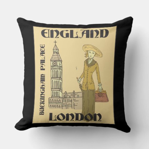 Vintage Traveler England London Buckingham Big Ben Throw Pillow