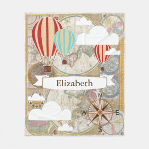 Vintage Traveler Hot Air Balloons World Map Name Fleece Blanket
