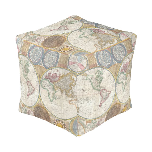 Vintage Traveler World Map Pouf (Angled Front)