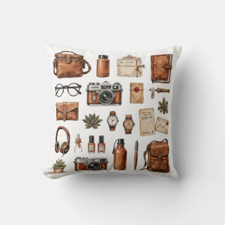Vintage Traveler's Essentials Throw Pillow