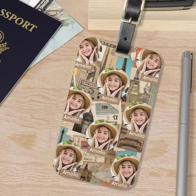 Vintage Traveling Pattern Custom Photo & Name Luggage Tag (Creator Uploaded)