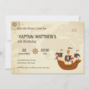 Vintage Treasure Map Pirate Ship Birthday Party Invitation