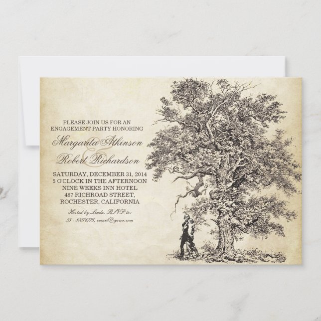 vintage tree and couple engagement party invites (Front)