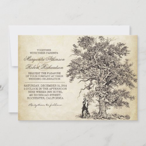vintage tree and couple unique wedding invitations