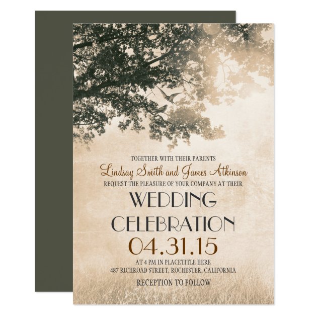 Vintage Tree And Love Birds Rustic Country Wedding Invitation
