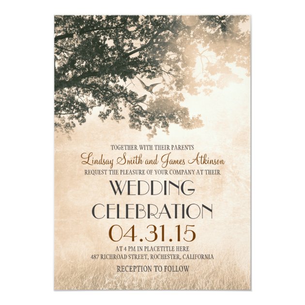 Vintage Tree And Love Birds Rustic Country Wedding Invitation