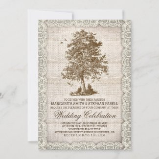 Vintage tree burlap lace rustic wedding invite