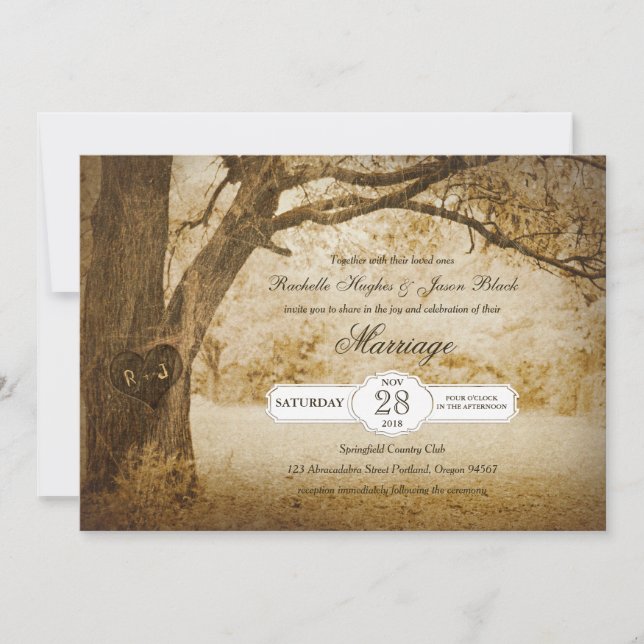 Vintage Tree Carving Wedding Invitation (Front)