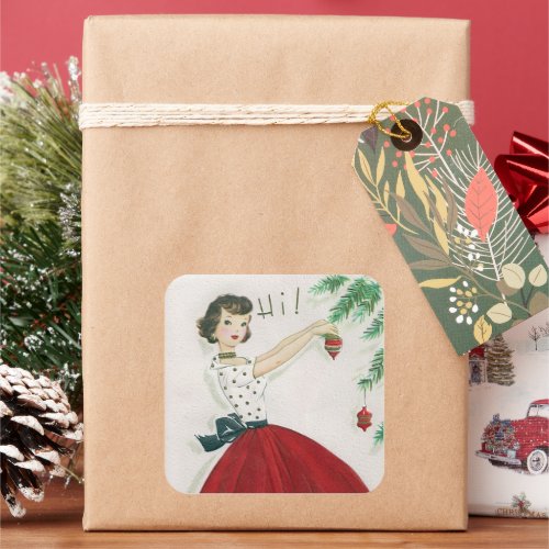 Vintage tree decorating lady retro sticker