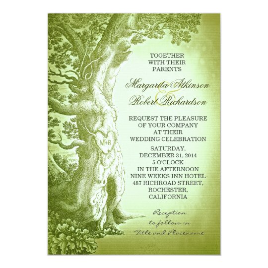 Vintage Tree Green Rustic Wedding Invitations Zazzle Vintage Tree Green Rustic Wedding Invitations