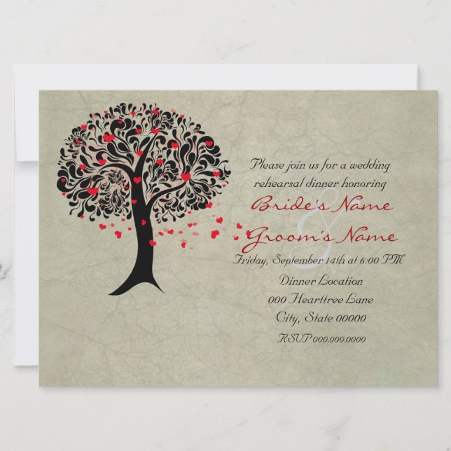Vintage Tree of Red Hearts Wedding Invitations (Front)