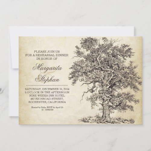 vintage tree old aged rehearsal dinner invitations