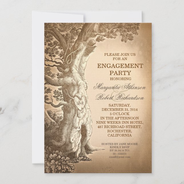 vintage tree old rustic engagement party invites (Front)