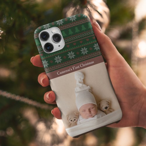 Vintage Tree Pattern Babys First Christmas Photo iPhone 14 Case