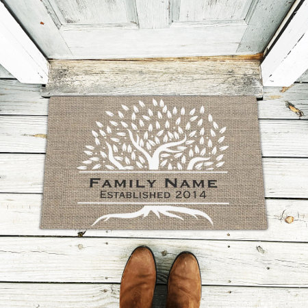 Vintage Tree Rustic Burlap Family Name Established Doormat