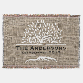 Vintage Tree Rustic Burlap Family Name Established Throw Blanket