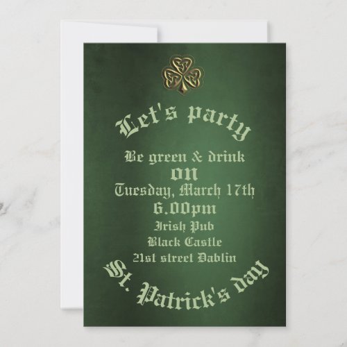 Vintage trendy grundge green Irish lucky shamrock Invitation
