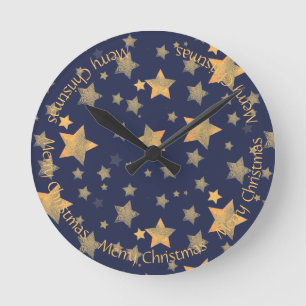 Vintage Trendy Navy Blue Gold Star Merry Christmas Round Clock