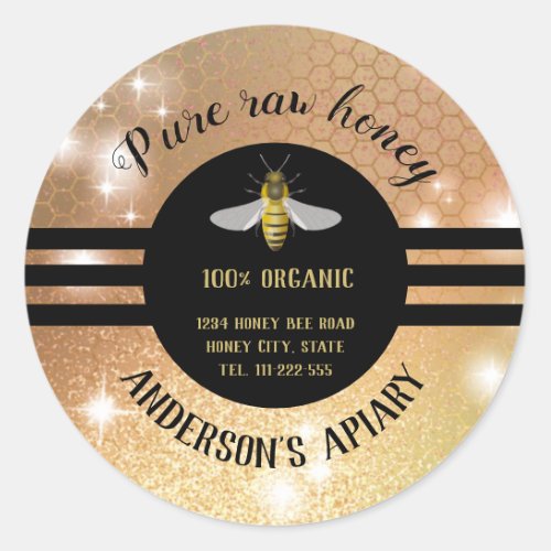 Vintage trendy sparkle honey jar bee apiary classic round sticker