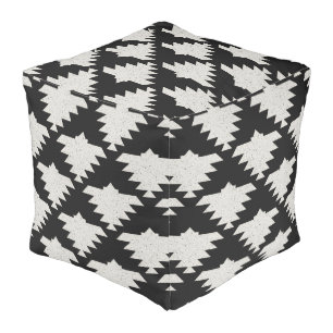 Vintage Tribal Geometric Bird Black & Ivory Boho Pouf