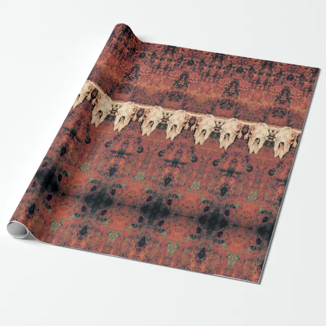 Rust Scull Pattern Vintage Tribal Pattern Rust Orange Bull Cow Skull Wrapping Paper | Zazzle