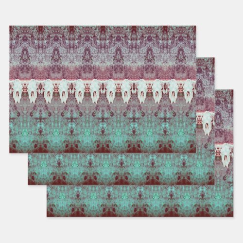 Vintage Tribal Pattern Teal Bull Cow Skull Country Wrapping Paper Sheets