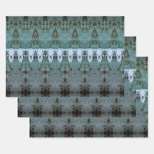 Vintage Tribal Pattern Teal White Bull Cow Skull Wrapping Paper Sheets