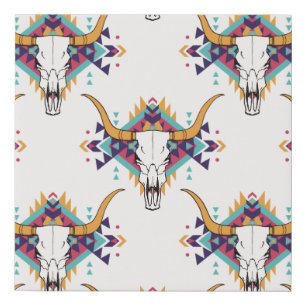 vintage tribal seamless pattern with bull skull an faux canvas print