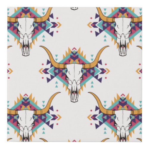 vintage tribal seamless pattern with bull skull an faux canvas print