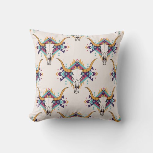 vintage tribal seamless pattern with bull skull an throw pillow