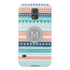 Vintage Tribal Stripes Pattern Coral Blue Monogram