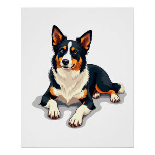 Vintage Tricolor Border Collie Portrait Dog Illust Poster