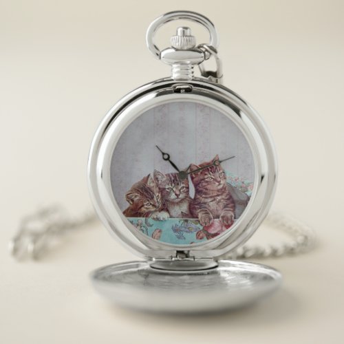 Vintage trio of cute Kittens in box Pocket Watch