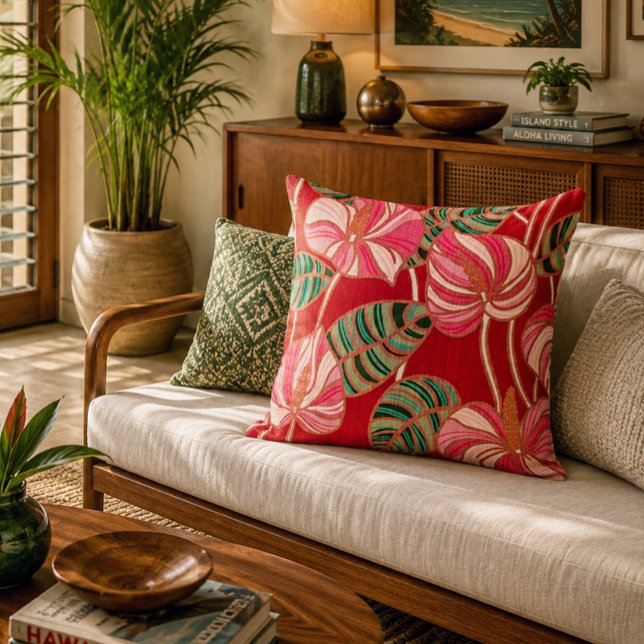 Vintage Tropical Anthurium Botanical Pattern Throw Pillow (Creator Uploaded)