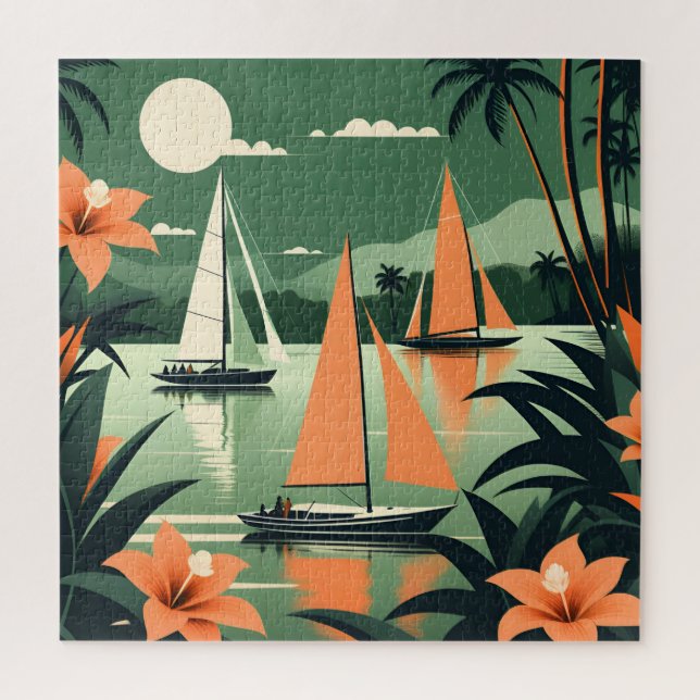 Vintage Tropical Beach and Sailboats Retro  Jigsaw Puzzle (Vertical)