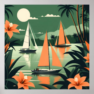 Vintage Tropical Beach and Sailboats Retro  Poster